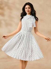 2pcs/Set Teen Girls Polka Dot Bow Tie Sleeveless Top + A-Line Polka Dot Print Waist Pleated Dress, Elegant Outfit For Teenage Flower Girl, Bridesmaid, Birthday Party, Gatherings