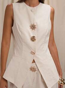 SHEIN BAE 1 件女士纯色前扣圆领无袖西装外套，优雅