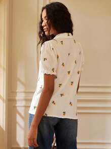 Écloséra Fashionable & Elegant Vintage French Style Loose Embroidered Short Sleeve Blouse, For Young Women, Spring/Summer