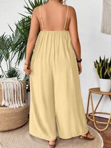 SHEIN Holidaya Plus Size Summer Solid Color Pleated Loose Slant Pocket Sleeveless Jumpsuit Summer Jumpsuit For Women Wide Leg Jumpsuit Women Casual Jumpsuit Halter Jumpsuit