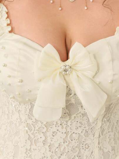 EDITION Kawaii Vintage Palace Style Bead & Lace Fabric Backless Textured Satin A-Line Dress, Suitable For Plus Size Wedding Dress