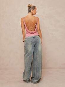 Lumalex Áo nữ cổ bẻ, dây lưng mảnh và trang trí xích kim loại cùng eo - Hồng - Xem 2