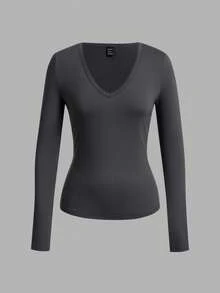 SHEIN EZwear 3pcs Set Women Deep V-Neck Skinny Casual Long Basic Long Sleeve T-Shirt Tops & Suit, Suitable For Autumn/Winter
