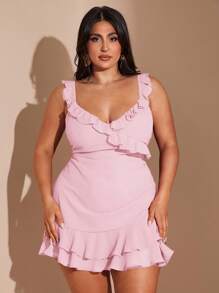 SHEIN BAE 大码女式春夏浪漫性感 V 领甜美可爱优雅百搭约会夜红色荷叶边下摆迷你连衣裙，海滩度假派对短裙