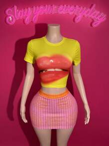 Slaydiva 2件套2025春夏新款LGBT音乐节波西米亚休闲日常海滩派对性感甜美可爱千禧Y2K色不对称圆点渐变印花针织短款上衣和紧身迷你裙套装女