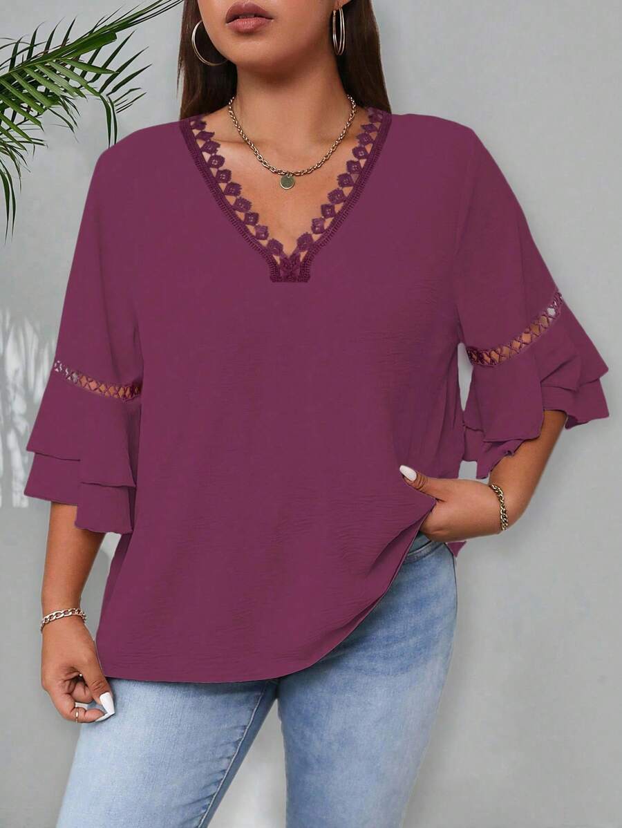 Celure Plus Size Women V-Neck Flare Sleeve Loose Fashion Blouse