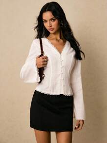 Poéselle 女士优雅纯色蕾丝边衬衫，外出上衣，可爱衬衫，刺绣上衣，纽扣衬衫，度假装，复古风，优雅女士，夏秋两季，秋季女装 - 白色 - 查看 6