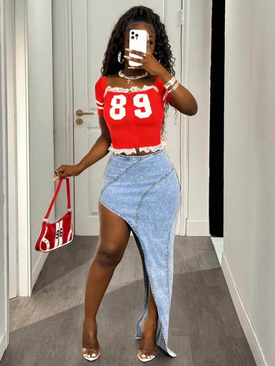 BamGleam 女士性感牛仔迷你裙，适合外出和聚会 - 藍色 - 查看 1