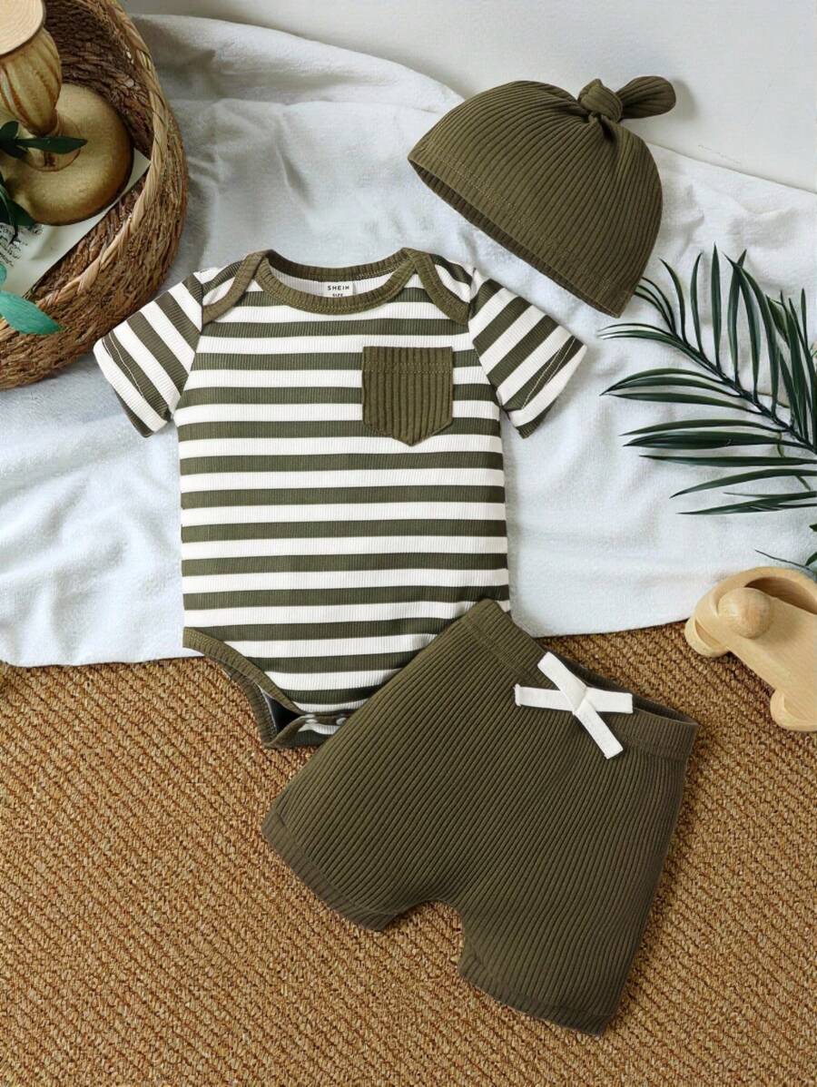 SHEIN Vintaside Kids Baby Boy Striped Bodysuit & Bow Front Shorts & Hat - Army Green - View 1