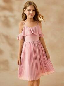 SHEIN 女童优雅露肩荷叶边高腰短款雪纺褶皱连衣裙，粉色，飘逸