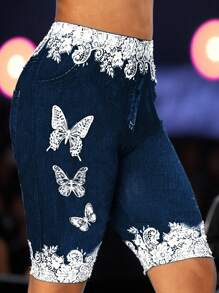 EMERY ROSE Plus Size Knitted Butterfly Print Jegging Shorts - Blue - View 1