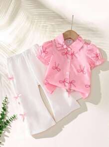 SHEIN 女宝宝韩版可爱蝴蝶印花短袖翻领衬衫和白色编织喇叭腿粉色蝴蝶裤套装，夏季 - 粉色 - 查看 8