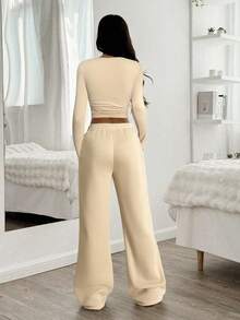 SHEIN EZwear Apricot Women Casual Pleated Crop Top & Wide-Leg Drawstring Waist Pants Set,Fall