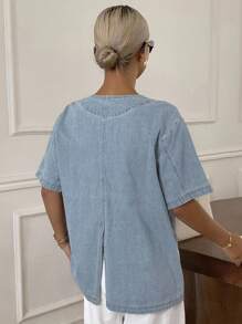 Livesso 女士V领短袖宽松休闲牛仔夹克 - 藍色 - 查看 2