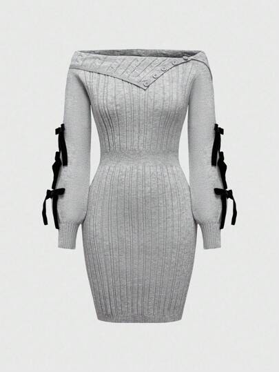 Kawaii Robe pull mini moulante avec nœud papillon et épaules dénudées pour femmes