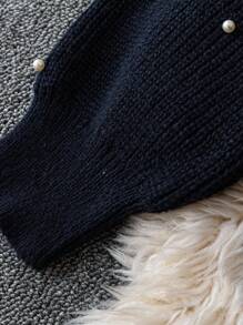 DreamSkyne 女士纯色珍珠圆领休闲针织套头衫 - 藏蓝色 - 查看 3