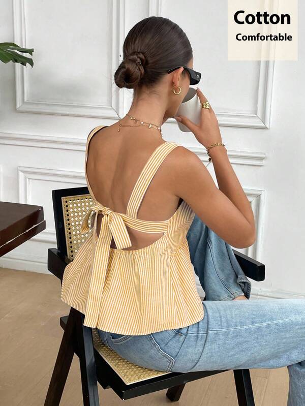 Serisse Sommer neue blau-weiß gestreifte Rückenliegender Schleife Tanktop für Frauen