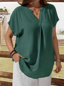 EMERY ROSE Plus Size Women's Solid Color V-Neck Batwing Short Sleeve Casual Shirt - Dark Green - View 1