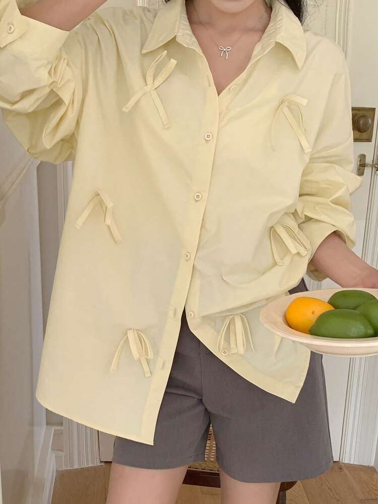 1pc Women's Solid Color Drop Shoulder Long Sleeve Casual Shirt With Bow Decor & Single Button