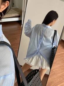 DAZY Women Striped Drop Shoulder Long Sleeve Single-Breasted Casual Regular Jacket Women Coats - Blue - View 2