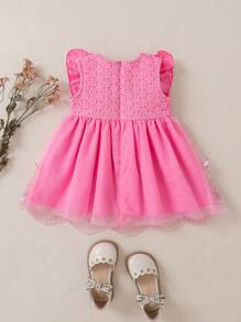 SHEIN Glamorique Kids Baby Girl And Elegant Butterfly Decorated Mesh Ruffle Hem Embroidery Dress - Hot Pink - View 9