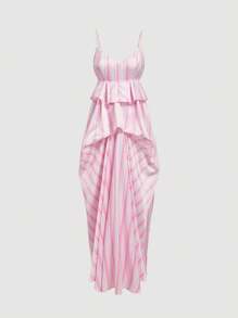 SHEIN MOD 粉色条纹花蕾欧根纱细肩带连衣裙 - 粉色 - 查看 1