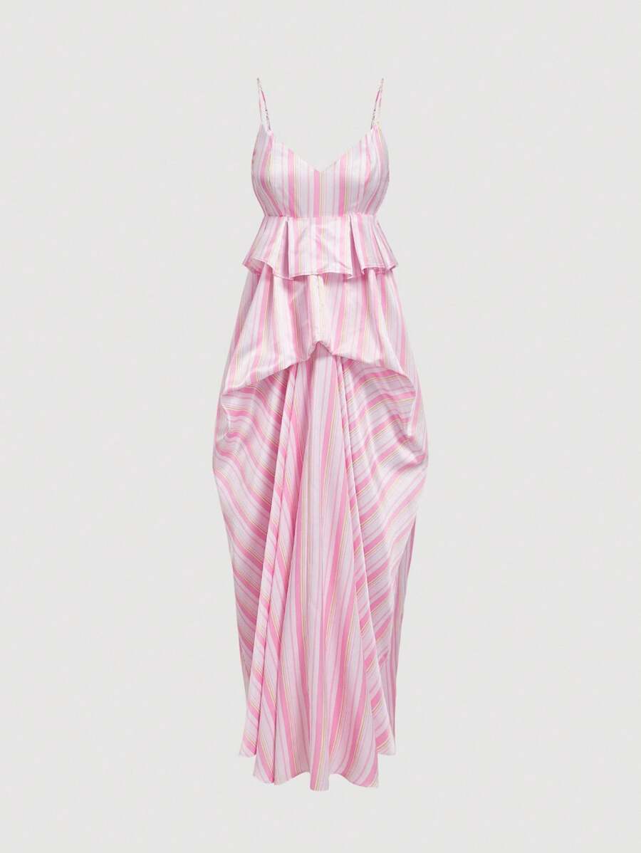 SHEIN MOD 粉色条纹花蕾欧根纱细肩带连衣裙 - 粉色 - 查看 1