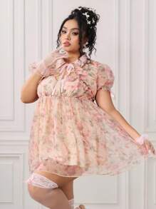 ROMWE EDITION Plus Size Retro Palace Romantic Doll Dress With Puff Sleeves, Satin Ribbon & Bow Decor 2 Pieces Set - Multicolor - View 7