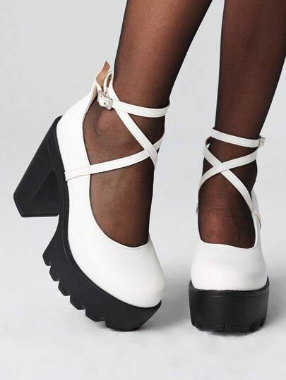 Damen Gothic Punk Mary Jane Schuhe, geschlossene Zehenpartie mit Kreuzriemen, Plateauabsatz, Riemen mit Schnalle, JK Uniform, wasserdichte Plateausohle, formelle Arbeitsschuhe, Halloween