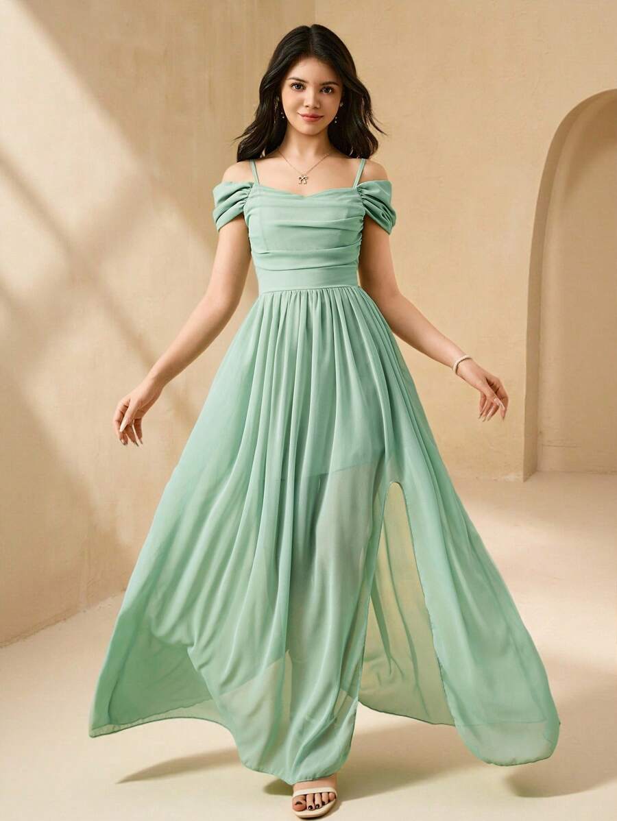 少女绿色清新雪纺吊带连衣裙，夏季优雅开衩沙滩度假连衣裙 - 綠色 - 查看 1