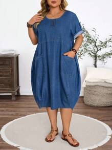 EMERY ROSE Plus Size Women's Denim Pocket Dress For Summer - Dark Wash - View 3