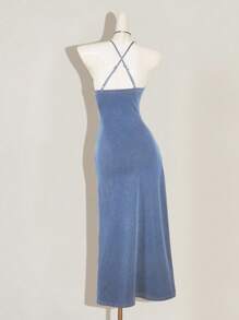 SHEIN MOD Vestido midi elegante de jean con tirantes de espagueti fruncido y de unicolor