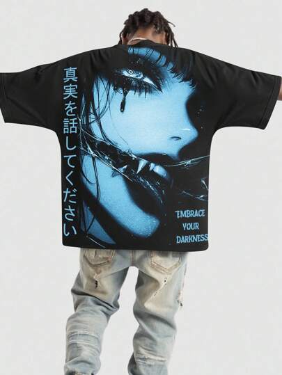 Anime Summer Streetwear Men's Oversized Dark Figure & Slogan Printed Japan Style Bat Wing T-Shirt, Halloween