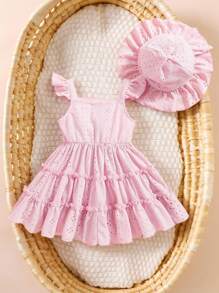 SHEIN 2 件套婴幼儿女孩可爱优雅纯粉色花卉条纹孔眼刺绣公主裙和太阳帽套装，适合度假、生日派对、拍照、春夏新品