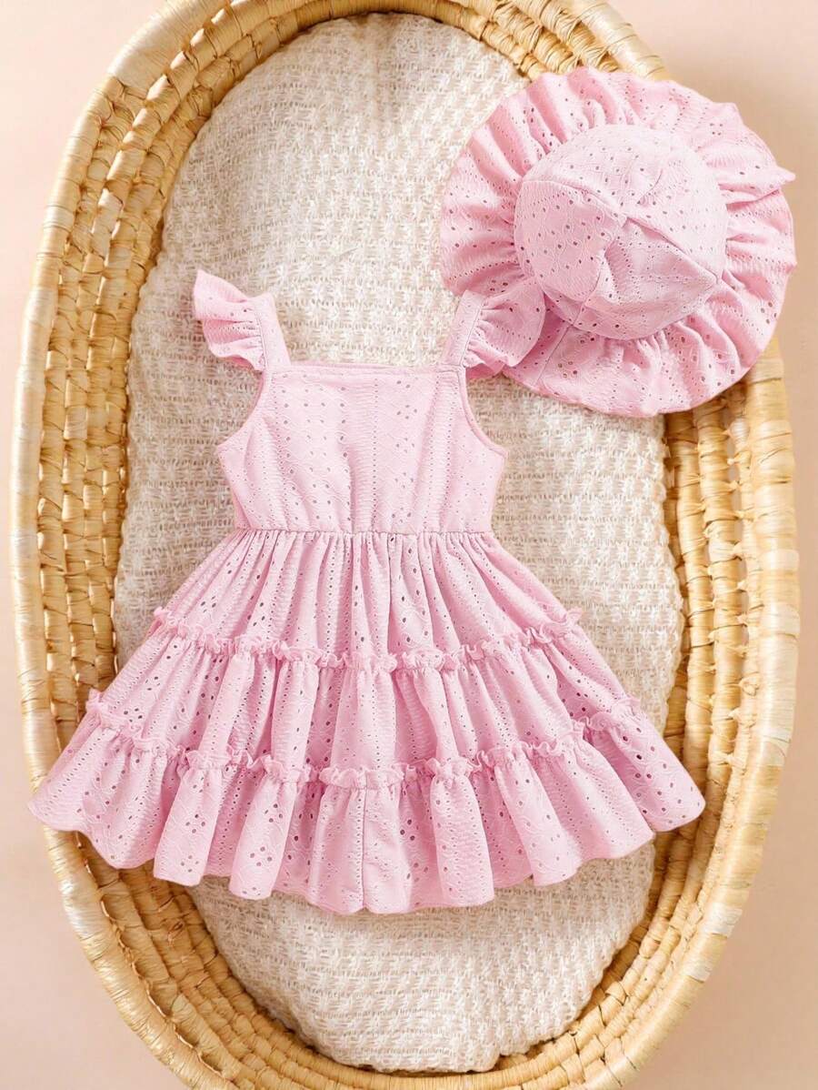 SHEIN 2 件套婴幼儿女孩可爱优雅纯粉色花卉条纹孔眼刺绣公主裙和太阳帽套装，适合度假、生日派对、拍照、春夏新品