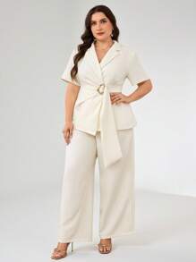 Modelyn Conjunto de traje de talla grande, chaqueta y pantalones de unicolor - Albaricoque - Ver 2