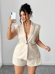 Elenzga Bộ 2 áo cài nút màu trơn cỡ lớn và quần short - Màu be - Xem 5