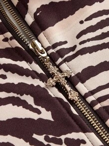 ROMWE J-Fashion Vintage Style Rhinestone Embellished Zebra Furry Patchwork Hooded Sweatshirt Sweatshirt For Women - Brown - View 6