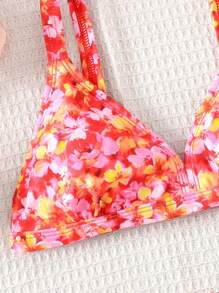 SHEIN Tween Girls Ditsy Floral Spaghetti Strap Bikini Swimwear Set For Beach Holiday - Hot Pink - View 3