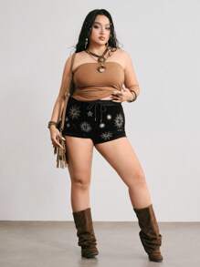 ROMWE Quần short vải nhung thêu hình mặt trăng và ngôi sao cổ điển cỡ lớn Hippie - màu đen - Xem 7