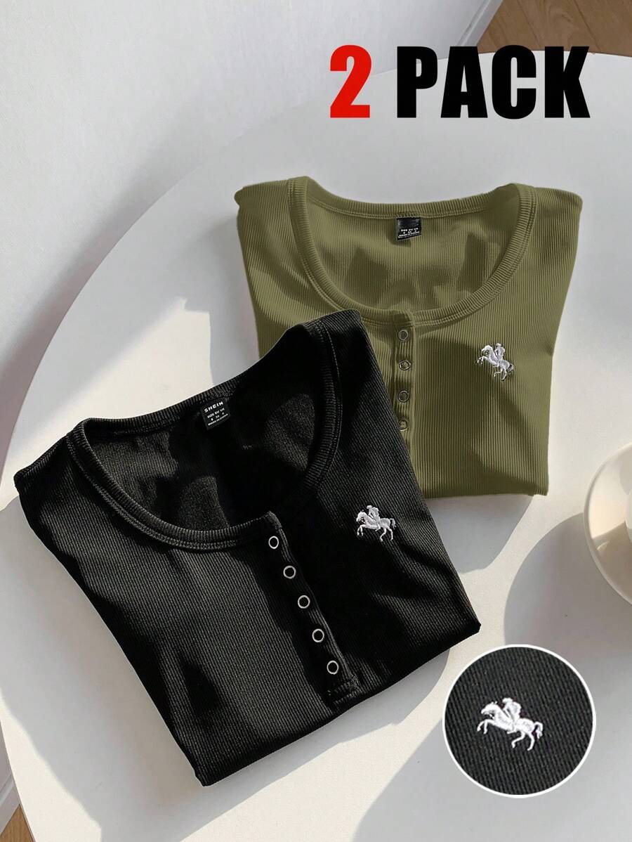Comfortcana 2pcs/Set Summer Solid Color Henley Collar Embroidery Slim Short Sleeve T-Shirts - Army Green - View 1