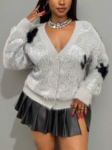 Slaydiva 大码女式撞色蓬松长袖单排扣休闲开衫毛绒上衣银色女式上衣毛衣套装秋冬时尚女装 - 彩色 - 查看 7