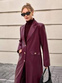 CLARA VERO 女士时尚街头时尚 PU 皮革翻领金色纽扣叶状长款风衣，时尚长款皮大衣 - 酒紅色 - 查看 8