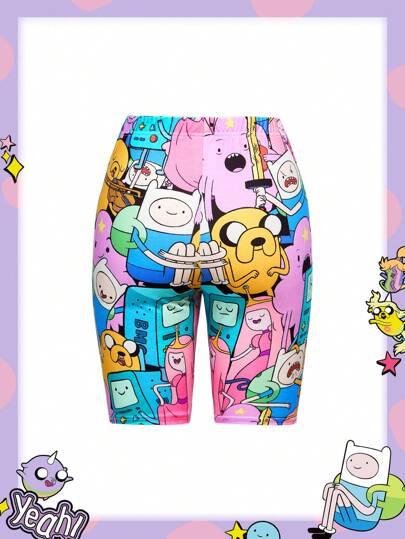 Adventure Time X ROMWE Y2K Cute And Funny Cartoon Pattern Elastic Waist Cycling Shorts For Summer