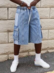 ROMWE MEN Street Life Men's Casual Water Wash Patchwork Striped Side Seam Loose Denim Shorts, Summer - Blue - View 6