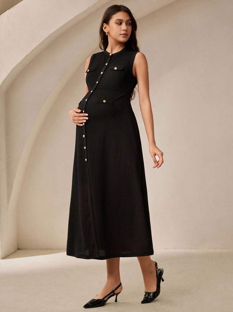 MaterniWear New Pregnant Women's Casual & Elegant Round Neck Sleeveless Buckle Decor Fishtail Skirt Bodycon Maxi Dress, Black Textured Knit  Office Dress  Work Outfits For Women    Work/Office  Women's Button Dress - Black - View 3