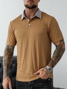 Manfinity Homme Men's Summer Casual Plaid Panel Polo Shirt Brown Polo Shirts For Men Brown Tops For Men Men Brown Textured Polo Shirt Men Casual Brown Shirt Polo Shirts With Patterned Collar - Multicolor - View 4
