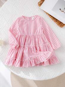 SHEIN Babygirl Vacation Cute Pink And White Striped Long Sleeve Ruffle Trim Dress - Pink - View 4