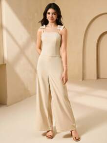 SHEIN Conjunto elegante y minimalista de top tipo camiseta ajustada y pantalones anchos de pierna ancha de talle alto en color caqui para adultos jóvenes - Caqui - Ver 5