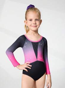 SHEIN 年轻女孩长袖体操紧身衣（渐变印花 + 水钻），高弹性贴身，休闲优雅时尚运动服，适合校园比赛、日常训练 - 粉色 - 查看 3